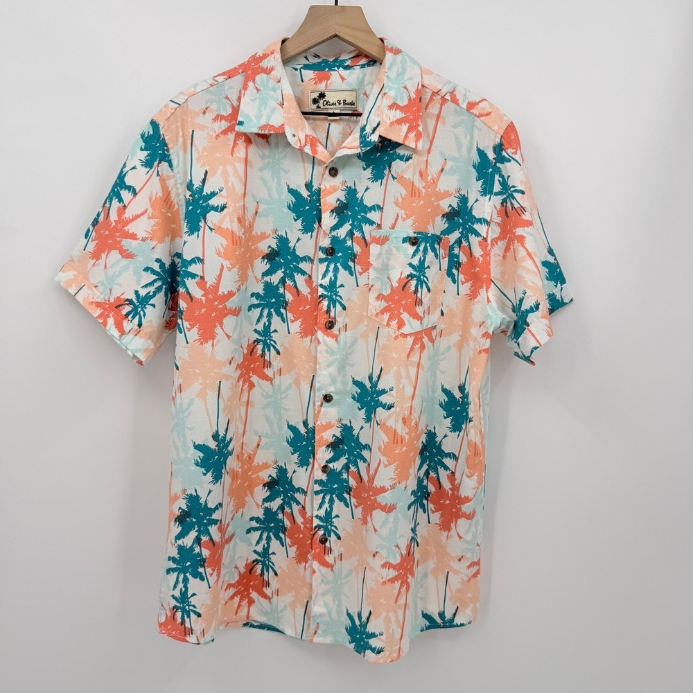 Oliver & Burke Hawaiian Palm Shirt Mens L Tropical Beach Resort Vacation Summer